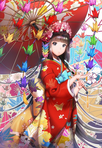 Anime picture 1800x2609 with original y.i. (lave2217) single tall image looking at viewer fringe highres holding blunt bangs very long hair traditional clothes japanese clothes black eyes wide sleeves asymmetrical hair girl hair ornament kimono umbrella obi