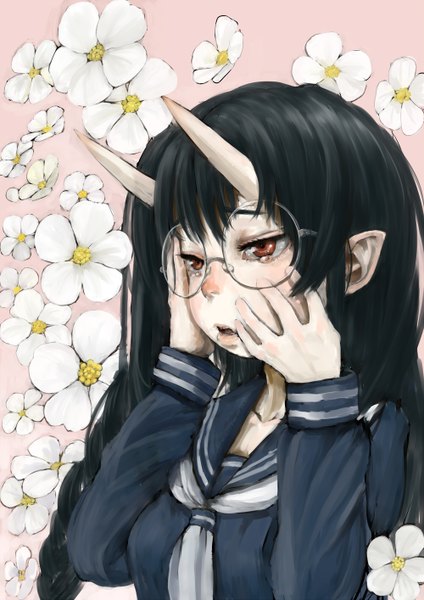 Anime picture 1000x1414 with original ebi (ebimomo) single long hair tall image fringe open mouth black hair red eyes looking away braid (braids) horn (horns) pointy ears tears twin braids crying oni horns hands on face girl uniform
