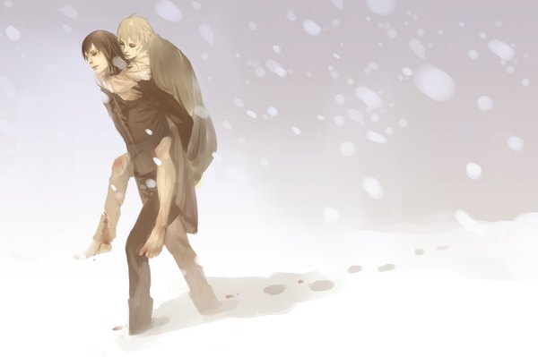 Anime picture 2000x1333 with harry potter sirius black remus lupin kiyoshi shin highres short hair blonde hair brown hair holding eyes closed barefoot wind multiple boys snowing winter snow boy blood 2 boys cloak