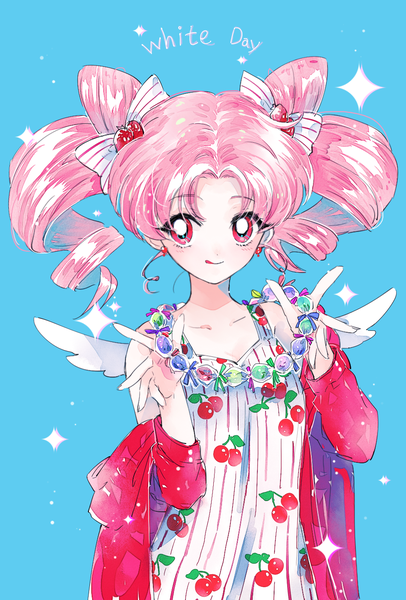 Anime picture 948x1400 with bishoujo senshi sailor moon toei animation chibiusa ahma single tall image fringe short hair simple background smile twintails looking away pink hair pink eyes sparkle hair bun (hair buns) text drill hair short twintails blue background