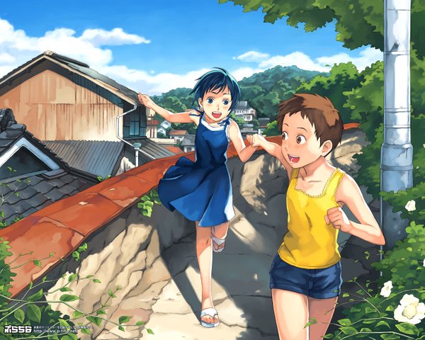Anime picture 1280x1024 with original katou akatsuki short hair open mouth brown hair multiple girls brown eyes blue hair holding hands running girl 2 girls plant (plants) tree (trees) shorts sundress sandals japanese house