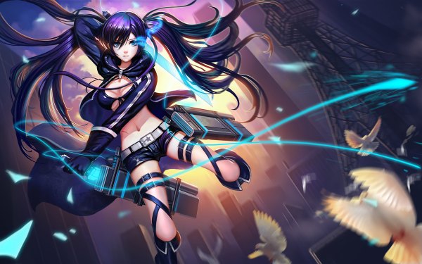 Anime picture 1200x750 with shingeki no kyojin black rock shooter production i.g black rock shooter (character) mikasa ackerman liang xing single long hair looking at viewer fringe breasts blue eyes light erotic black hair twintails looking away sky purple hair cloud (clouds) bent knee (knees)
