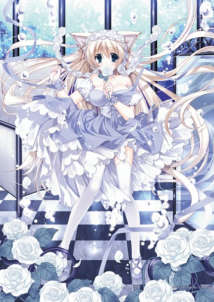 Anime picture 758x1072 with original ryuuga shou single long hair tall image blush blue eyes blonde hair animal ears tail animal tail cat ears cat girl cat tail girl thighhighs dress flower (flowers) petals white thighhighs