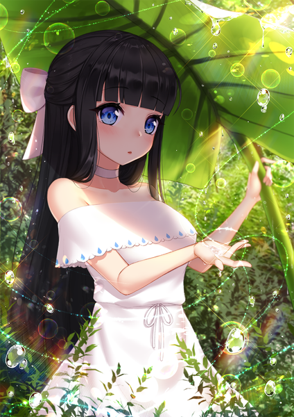 Anime picture 1000x1414 with original ango single long hair tall image looking at viewer blush fringe blue eyes black hair holding upper body blunt bangs parted lips sunlight :o shadow lens flare magic outstretched hand