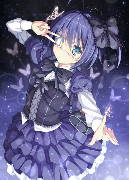 Anime picture 816x1137 with chuunibyou demo koi ga shitai! kyoto animation takanashi rikka soulkiller (brz) single tall image looking at viewer short hair blue eyes blue hair one side up butterfly on hand girl dress bow hair bow insect butterfly bag eyepatch