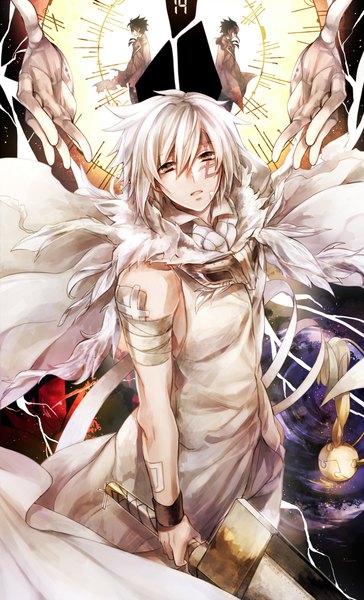 Anime picture 1280x2110 with d.gray-man allen walker timcanpy neah walker allenkung1 tall image looking at viewer fringe short hair open mouth holding brown eyes white hair sleeveless muscle boy weapon sword cape pants