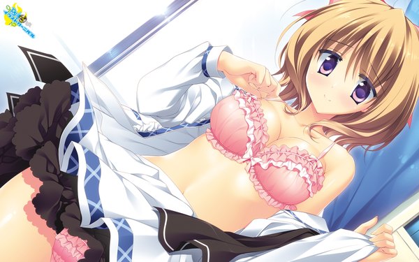 Anime picture 1920x1200 with priministar aki kanoko matsushita makako single looking at viewer highres short hair breasts light erotic smile wide image purple eyes bare shoulders cleavage open clothes dutch angle cameltoe frilled bra frilled panties girl
