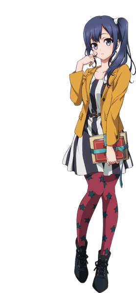 Anime picture 424x912 with shirobako p.a. works imai midori single long hair tall image looking at viewer purple eyes blue hair full body official art side ponytail striped transparent background star print girl dress pantyhose boots belt