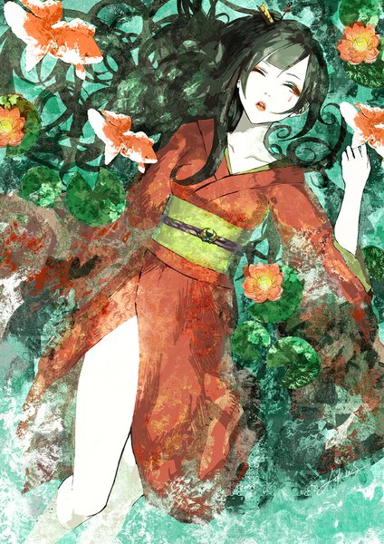 Anime picture 614x868 with original hakus (pixiv) long hair tall image fringe black hair lying eyes closed long sleeves traditional clothes parted lips japanese clothes wide sleeves facial mark side ponytail white skin girl flower (flowers) animal kimono