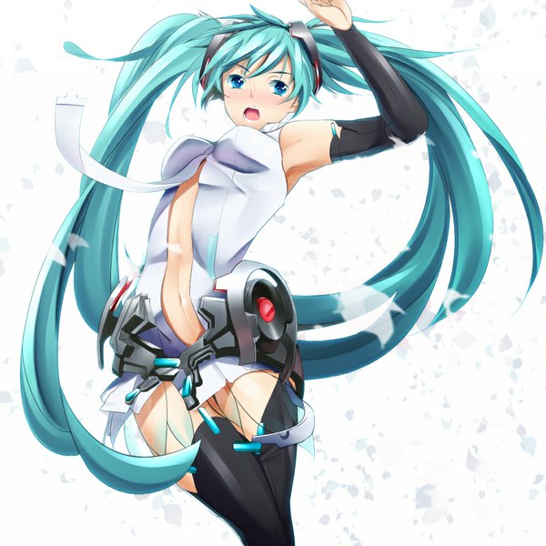 Anime picture 1000x1000 with vocaloid vocaloid append hatsune miku hatsune miku (append) eto single blush open mouth blue eyes simple background white background twintails very long hair aqua hair girl thighhighs navel black thighhighs