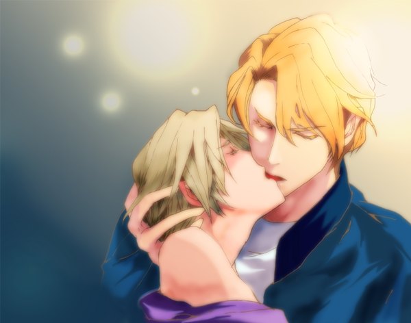 Anime picture 1326x1044 with tiger & bunny sunrise (studio) ivan karelin keith goodman peggy (artist) blush short hair open mouth blonde hair bare shoulders eyes closed orange hair off shoulder multiple boys hand on head shounen ai almost kiss boy jacket tongue