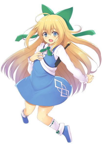Anime picture 1200x1701 with original mahcdai single long hair tall image blush fringe open mouth blue eyes simple background blonde hair hair between eyes white background looking away full body ahoge bent knee (knees) floating hair outstretched arm hand on chest