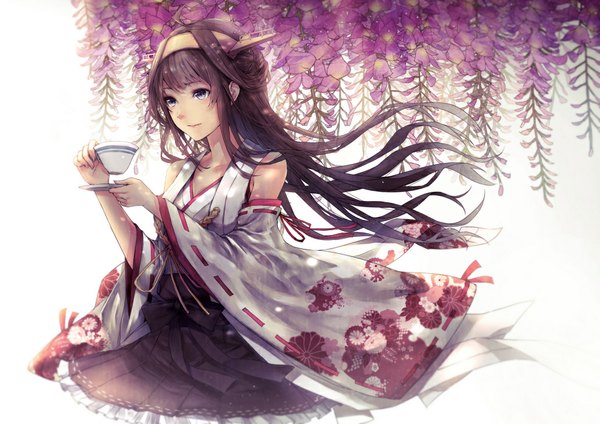 Anime picture 990x700 with kantai collection kongou battleship applekun single long hair blue eyes brown hair holding looking away traditional clothes japanese clothes floral print nontraditional miko girl skirt hair ornament flower (flowers) detached sleeves headdress cup