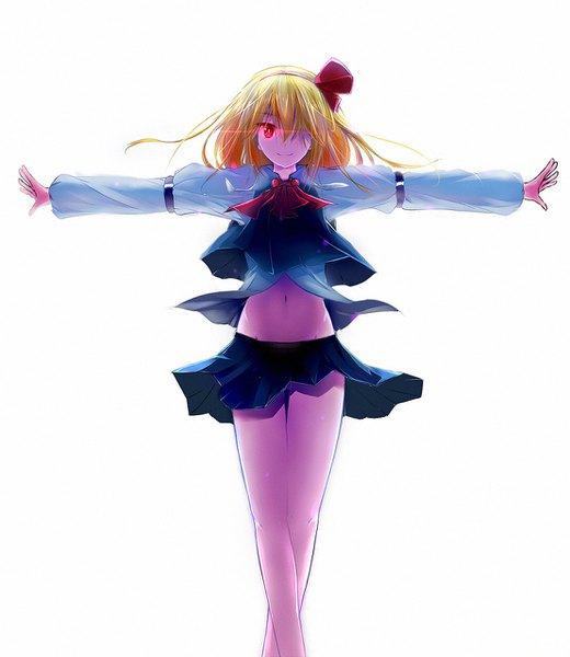 Anime picture 1107x1276 with touhou rumia xuanlin jingshuang single tall image looking at viewer fringe short hair light erotic simple background smile white background long sleeves pleated skirt hair over one eye glowing spread arms glowing eye (eyes) crossed legs (standing) girl