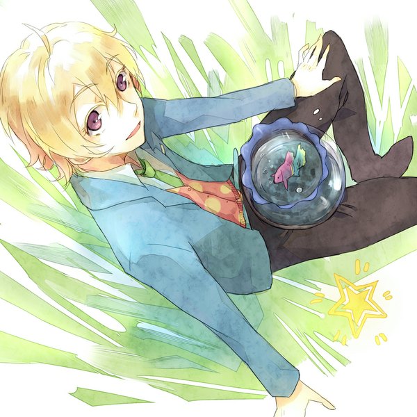 Anime picture 1000x1000 with tsuritama a-1 pictures haru (tsuritama) huoshansama (artist) fringe short hair open mouth blonde hair hair between eyes sitting brown eyes bent knee (knees) from above arm support boy necktie star (symbol) pants fish (fishes) aquarium