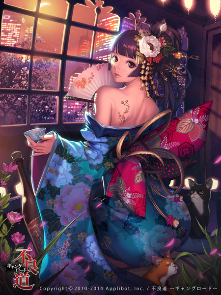 Anime picture 900x1200 with furyou michi ~gang road~ morry single long hair tall image looking at viewer blush black hair sitting purple eyes bare shoulders indoors nail polish traditional clothes japanese clothes looking back hair flower fingernails lips night