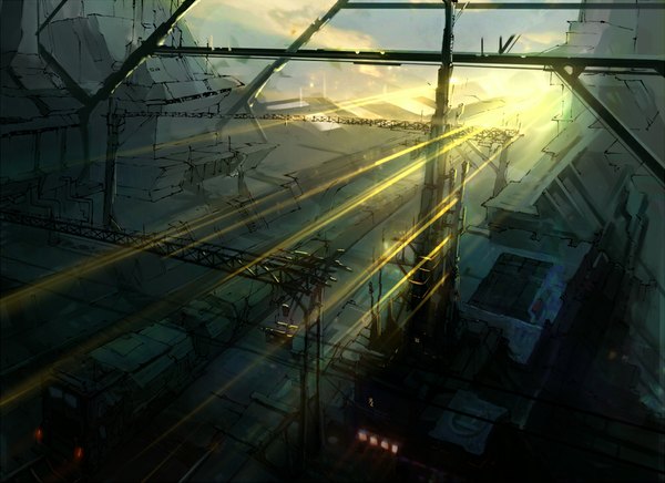 Anime picture 1000x728 with original craft ghost sky cloud (clouds) evening light sunset scenic power lines train