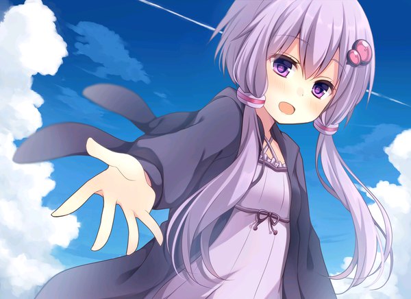 Anime picture 2200x1600 with vocaloid voiceroid yuzuki yukari komomo (ptkrx) single long hair blush fringe highres open mouth smile hair between eyes purple eyes twintails sky purple hair cloud (clouds) open clothes dutch angle low twintails