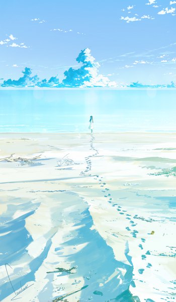 Anime picture 1157x1984 with original loundraw single long hair tall image black hair standing signed sky cloud (clouds) full body profile beach blue background horizon scenic summer footprints girl dress