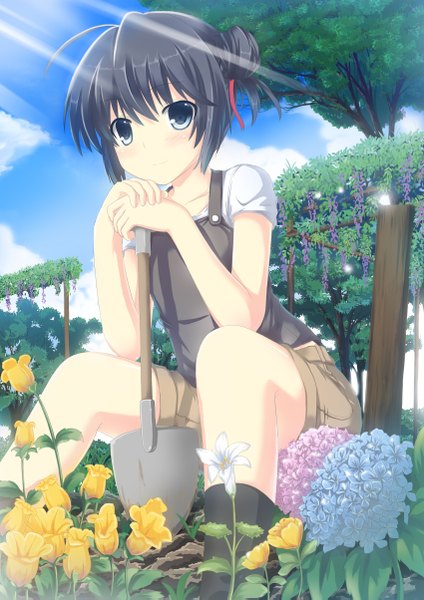 Anime picture 1700x2405 with original mizunashi kenichi single tall image highres short hair blue eyes black hair smile sitting sky cloud (clouds) girl flower (flowers) plant (plants) tree (trees) shovel