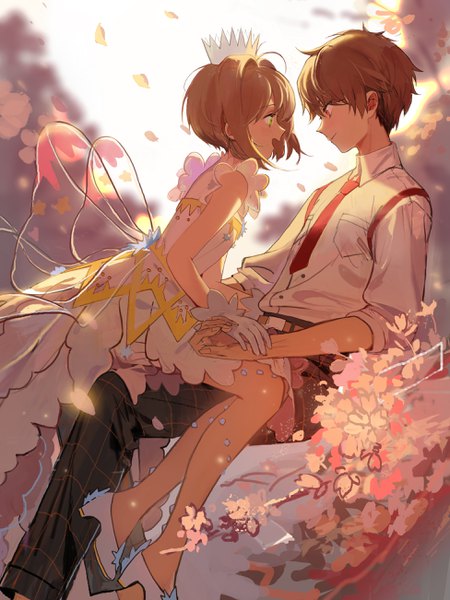 Anime picture 1952x2604 with card captor sakura clamp kinomoto sakura li xiaolang yukuso (1065762559) tall image blush highres short hair red eyes brown hair sitting green eyes outdoors profile leaning embarrassed leaning forward couple cherry blossoms