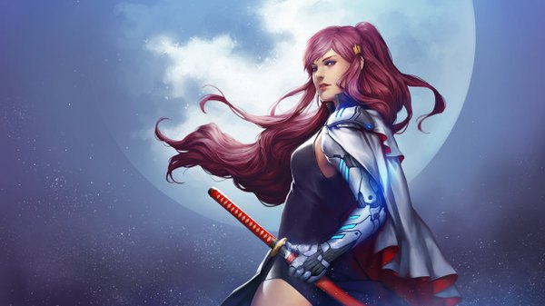 Anime picture 1280x720 with unodu single long hair looking at viewer fringe breasts wide image standing pink hair cloud (clouds) ponytail parted lips pink eyes lips night from below night sky sheathed mechanical arms girl
