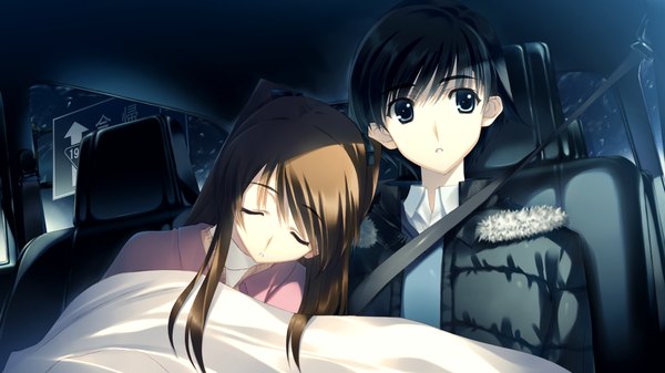 Anime picture 1280x720 with white album 2 ogiso setsuna long hair short hair blue eyes black hair brown hair wide image game cg eyes closed sleeping car interior girl boy jacket ground vehicle car