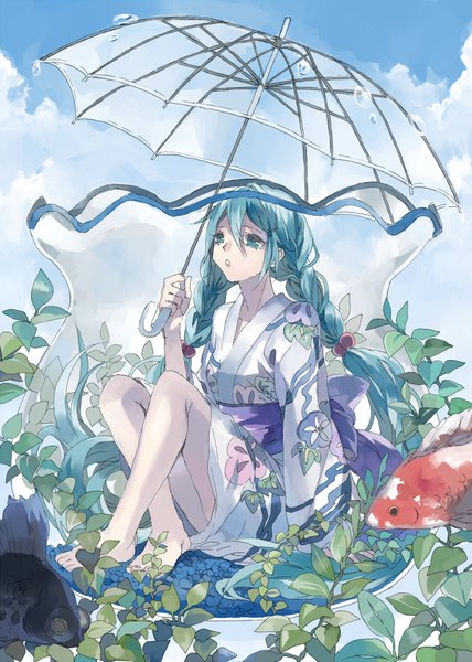 Anime picture 607x850 with vocaloid hatsune miku tsukioka tsukiho single tall image blue eyes sitting blue hair sky cloud (clouds) braid (braids) very long hair traditional clothes japanese clothes barefoot :o twin braids floral print looking up girl