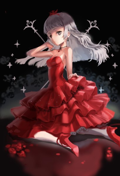 Anime picture 1008x1477 with original anmi single long hair tall image brown eyes silver hair high heels kneeling silver eyes girl dress earrings petals pantyhose rose (roses) star (stars) jewelry necklace red dress
