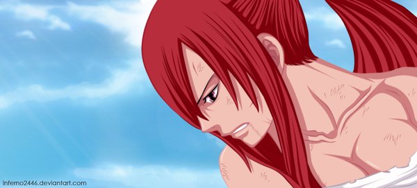 Anime picture 1200x542 with fairy tail erza scarlet inferno2446 single long hair light erotic wide image bare shoulders sky cloud (clouds) ponytail red hair profile pink eyes sunlight grin coloring girl bandage (bandages)