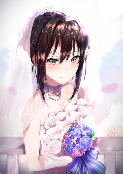 Anime picture 2150x3035 with idolmaster idolmaster cinderella girls idolmaster cinderella girls starlight stage shibuya rin hplay (kyoshinou) single tall image blush fringe highres short hair hair between eyes brown hair bare shoulders upper body aqua eyes light smile eternal bloom (idolmaster) girl dress