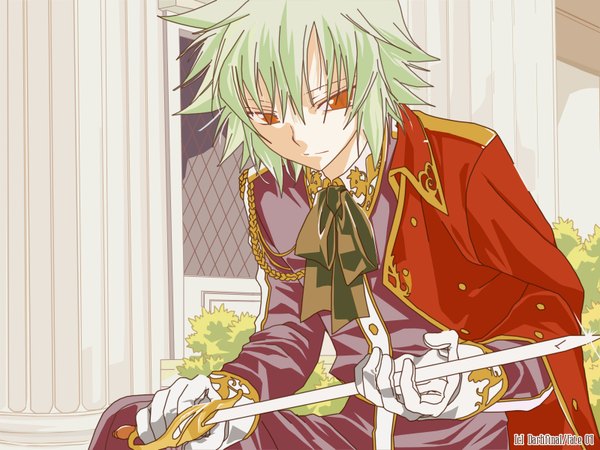 Anime picture 1600x1200 with spiral mizushiro hizumi single fringe short hair hair between eyes red eyes sitting green hair looking down vector boy gloves weapon sword white gloves bowtie