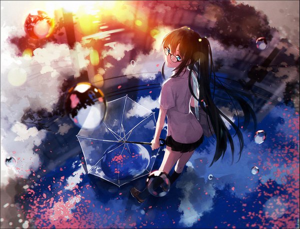 Anime picture 1305x1000 with original hakusai (tiahszld) single long hair looking at viewer blue eyes black hair twintails payot sky full body pleated skirt from above light smile reflection transparent umbrella different reflection girl skirt uniform