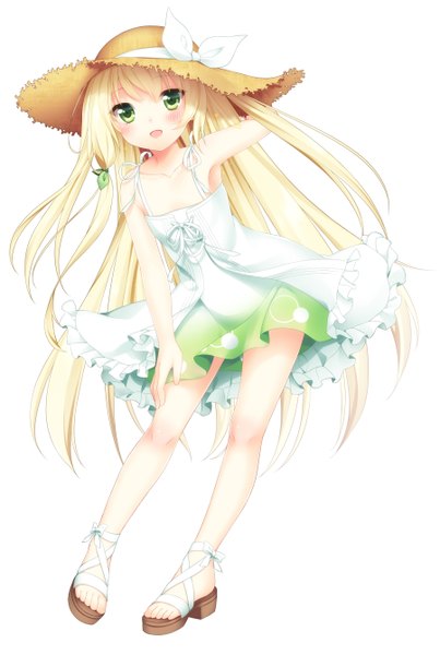Anime picture 1800x2680 with original etou (cherry7) long hair tall image looking at viewer blush highres open mouth blonde hair smile white background bare shoulders green eyes absurdres flat chest girl ribbon (ribbons) hair ribbon hat shoes