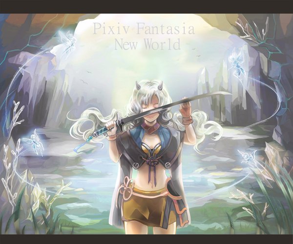 Anime picture 2100x1750 with original pixiv fantasia pixiv pixiv fantasia new world tagme (artist) single long hair fringe highres breasts holding cleavage eyes closed horn (horns) grey hair midriff glowing flying fairy girl