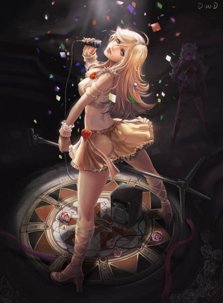 Anime picture 2480x3366 with panty & stocking with garterbelt anarchy panty scanty dantewontdie single tall image highres blue eyes blonde hair multiple girls looking back realistic midriff covered nipples solo focus girl 2 girls heart microphone cross-laced footwear