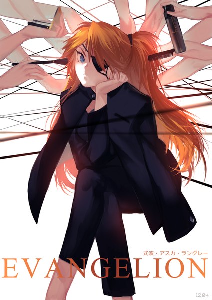 Anime picture 1200x1697 with neon genesis evangelion gainax soryu asuka langley shikinami asuka langley joseph lee single long hair tall image looking at viewer blue eyes white background orange hair inscription arm support alternate costume copyright name character names crossed legs dated clothes on shoulders