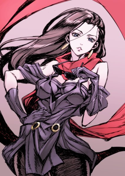 Anime picture 850x1200 with jojo no kimyou na bouken lisa lisa matsuryuu single long hair tall image looking at viewer brown hair holding grey eyes hand on hip sunglasses removed girl gloves pantyhose elbow gloves scarf sunglasses