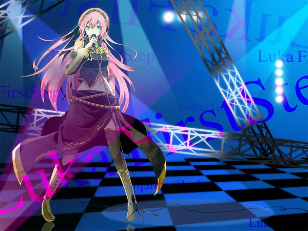 Anime picture 1000x750 with vocaloid megurine luka yucco kxoxc single long hair blue eyes pink hair midriff girl thighhighs dress skirt navel black thighhighs miniskirt boots hairband skirt set microphone stand