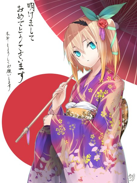 Anime picture 1800x2400 with tales of zestiria edna (tales) kyougoku touya single tall image looking at viewer highres short hair blue eyes blonde hair long sleeves traditional clothes japanese clothes hair flower inscription wide sleeves one side up floral print girl hair ornament