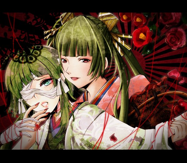 Anime picture 1400x1222 with vocaloid hina nige (vocaloid) hatsune miku gumi vient long hair looking at viewer short hair open mouth red eyes twintails multiple girls green eyes nail polish japanese clothes green hair bandage over one eye girl hair ornament flower (flowers)