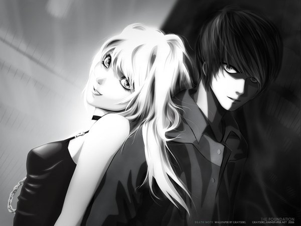 Anime picture 1024x768 with death note madhouse yagami light amane misa long hair looking at viewer open mouth blonde hair smile brown hair open clothes open shirt couple monochrome back to back girl dress boy collar