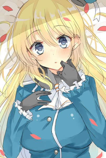 Anime picture 1000x1485 with kantai collection atago heavy cruiser aozora nan single long hair tall image looking at viewer blush fringe breasts open mouth blue eyes blonde hair large breasts lying girl gloves uniform black gloves military uniform