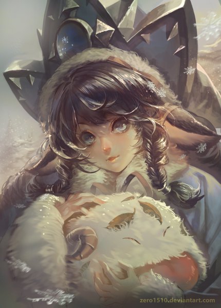 Anime picture 4134x5767 with league of legends lulu (league of legends) poro (league of legends) akizero1510 long hair tall image looking at viewer fringe highres blue eyes black hair signed animal ears absurdres upper body braid (braids) parted lips hug snowing winter