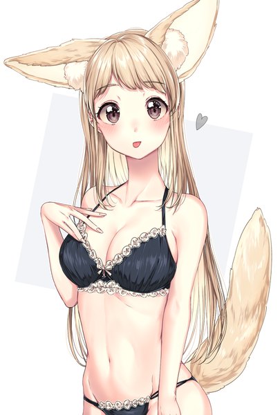 Anime picture 1181x1748 with original umeno (shio1205) single long hair tall image looking at viewer blush fringe breasts light erotic simple background blonde hair standing white background bare shoulders holding brown eyes animal ears upper body tail