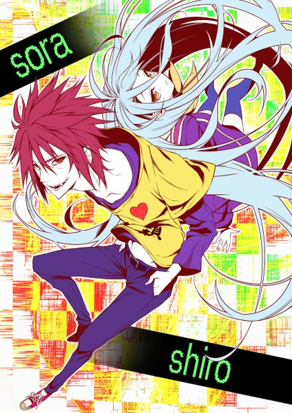 イラスト 1736x2455 と ノーゲーム・ノーライフ マッドハウス 白(ngnl) sora (no game no life) vice (kuronekohadokoheiku) 長髪 長身像 カメラ目線 highres 短い髪 開いた口 笑顔 hair between eyes 赤い目 黄色眼 青い髪 赤髪 inscription 女の子 ストッキング