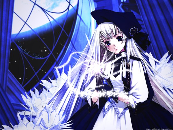 Anime picture 1280x960 with yuu shiina single long hair looking at viewer fringe blue eyes payot silver hair upper body sparkle wallpaper magic glow girl dress gloves flower (flowers) hat window moon