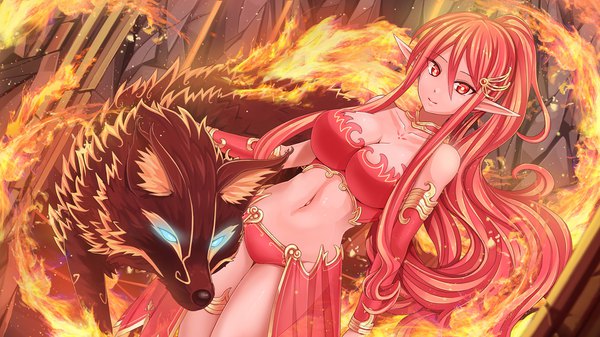 イラスト 1920x1080 と crystalline fire spirit (crystalline) 鮫 highres おっぱい light erotic 笑顔 赤い目 wide image 大きな乳房 looking away cleavage ポニーテール 赤髪 very long hair エルフ耳 dutch angle glowing glowing eye (eyes) pink skin