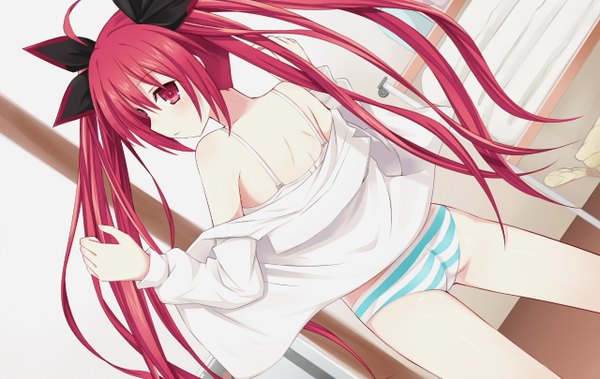 Anime picture 1280x810 with date a live itsuka kotori single long hair light erotic red eyes twintails bare shoulders game cg ass red hair looking back open clothes open shirt undressing girl underwear panties ribbon (ribbons) hair ribbon