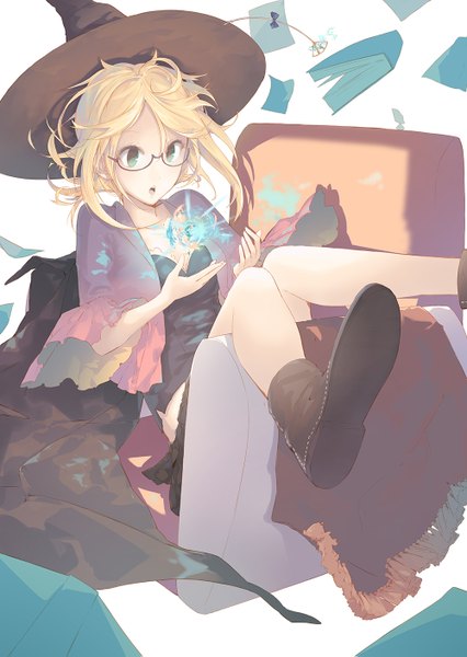 Anime picture 1000x1407 with original la-na single long hair tall image blonde hair green eyes :o magic flying witch girl skirt hat miniskirt glasses shoes book (books) witch hat chair